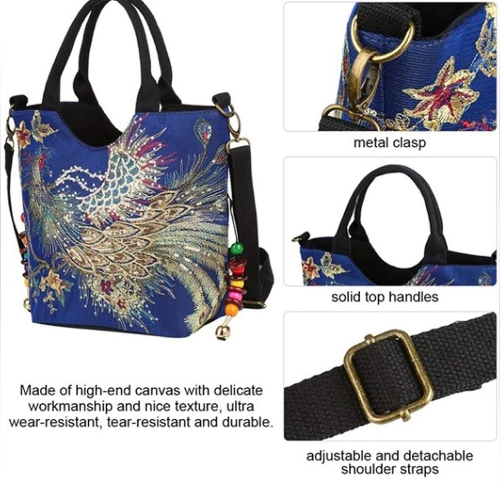 Blue Tote Hand Bag with Intricate Phoenix Design and Side Beads. - Picture 2 of 11